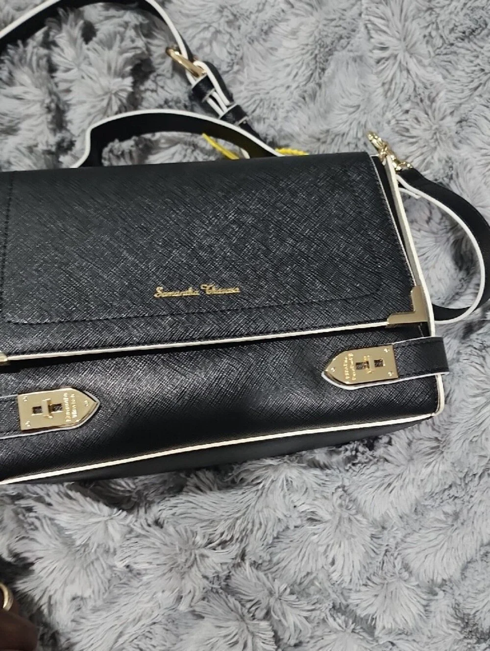 Samantha Thavasa Black Crossbody Bag with White Trim and Gold Hardware
